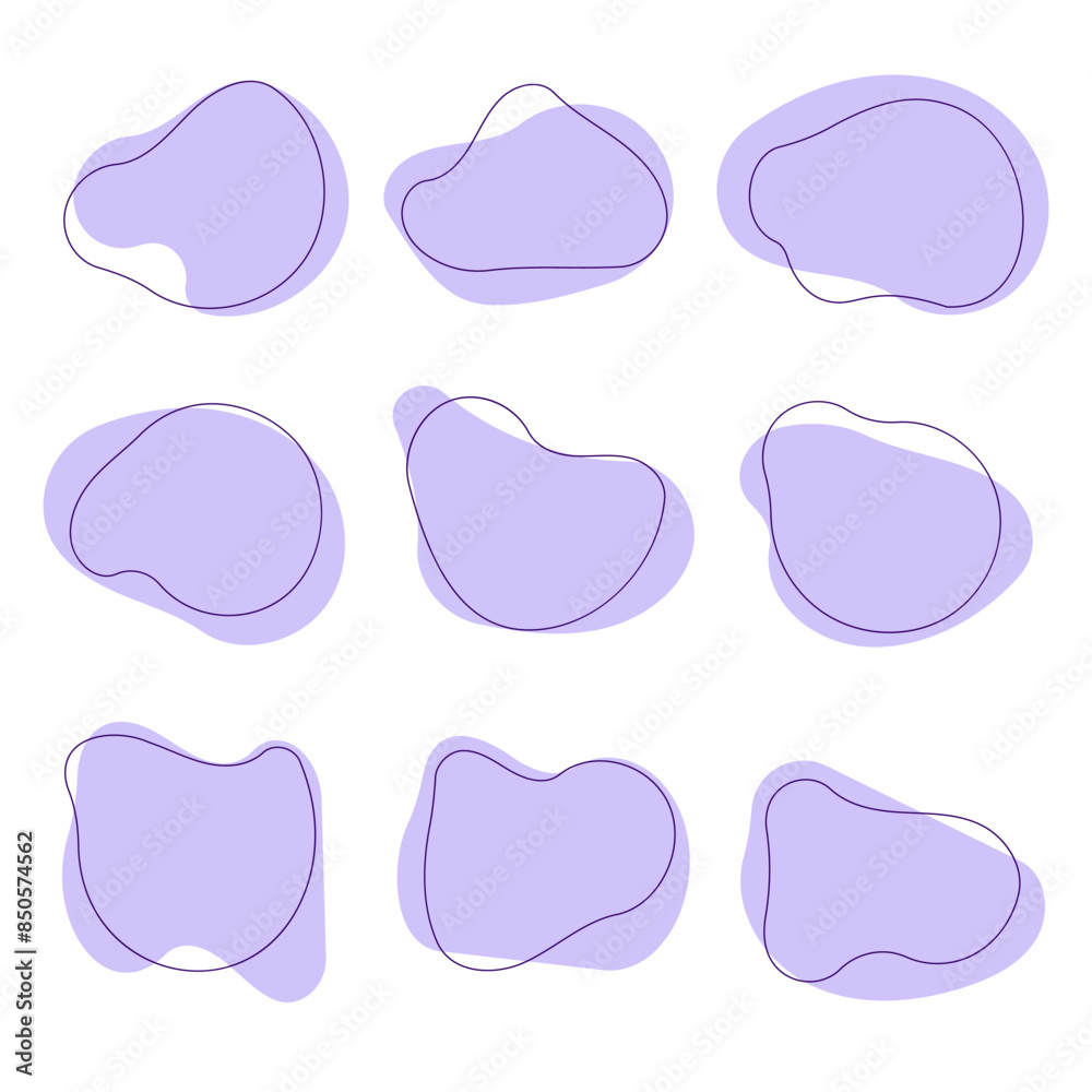 Purple blob shapes with line. Bubble speech set, vector template, isolated on white background. Distorted circle, doodle, minimalistic background