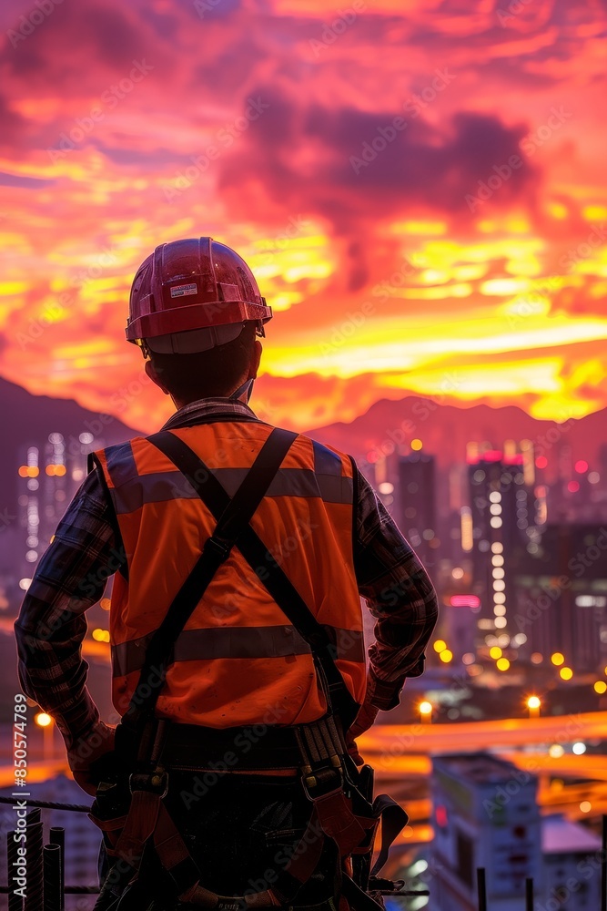 Solitary engineer at twilight silhouetted figure on skyscraper with city lights reflected in helmet Solitary engineer at twilight silhouetted figure on skyscraper with city lights reflected in helmet