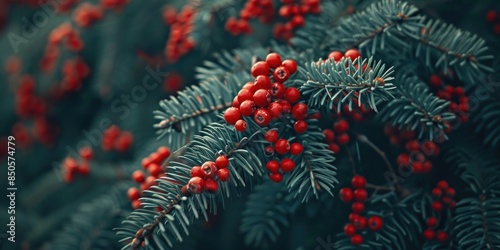 A close-up shot of a bunch of ripe red berries growing on a tree branch