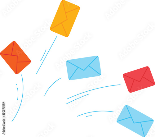 Flying envelopes animation, digital communication, email sending concept. Envelope icons, email movement, online messaging vector illustration. Colorful symbols, internet correspondence, virtual