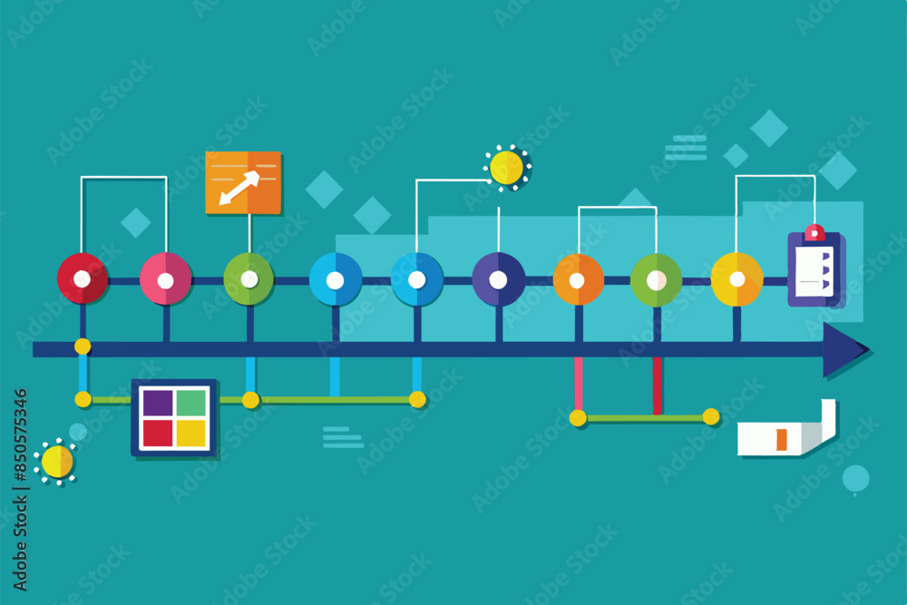 A colorful, flat design timeline with circles and arrows, ideal for visualizing a process or schedule, Timeline Customizable Disproportionate Illustration A colorful, flat design timeline with circles and arrows, ideal for visualizing a process or schedule, Timeline Customizable Disproportionate Illustration