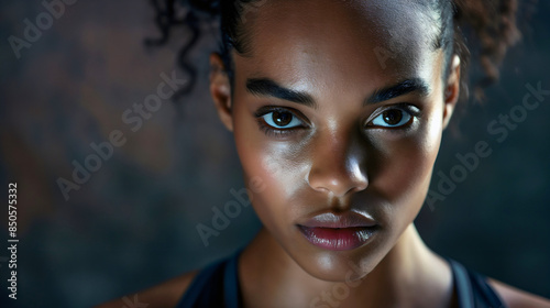 Closeup portrait of beautiful young black African American fitness model woman, copy space. Healthy fitness lifestyle, workout and training, confident determined female athlete, sportswear