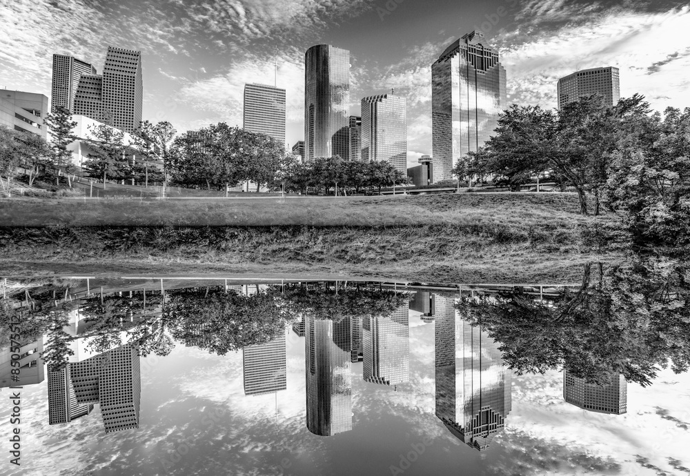 Fototapeta premium skyline of Houston, Texas in morning light seen from Buffalo bayou park and reflection in river