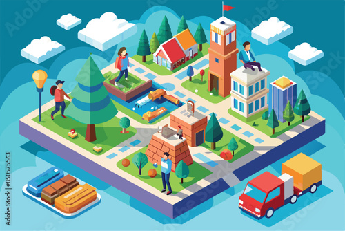 Isometric art shows people in a busy city with buildings, trees, and vehicles, Travelers Customizable Isometric Illustration