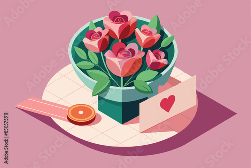Isometric illustration of a bouquet of red roses with a customizable card, Valentine's bouquet with a card Customizable Isometric Illustration