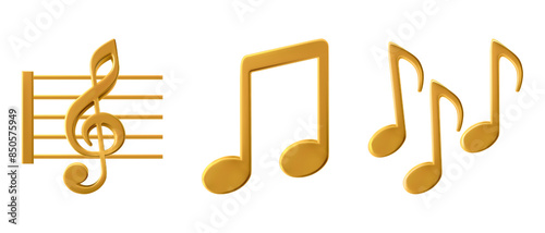 Music golden emoticon, mobile app emoji. Treble clef and notes icons. Elements for melody recording. Metal decoration for music festival poster. Jazz orchestra, violin and piano or vocal song concert.