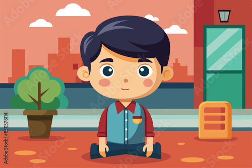 A cartoon boy in a blue shirt waits patiently outside a building, Waiting Customizable Cartoon Illustration