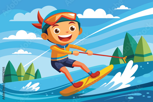 A cartoon boy smiles and holds onto a waterski rope as he glides across the water on a sunny day, Water ski Customizable Cartoon Illustration