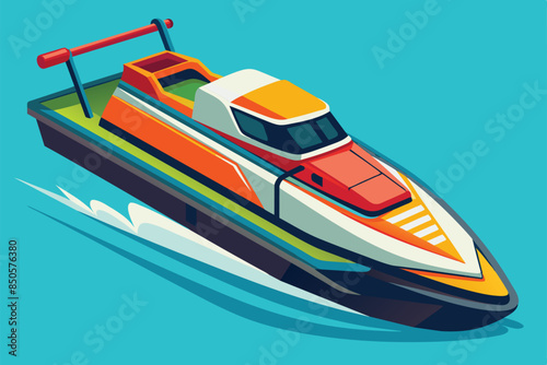A cartoon illustration of a colorful speedboat speeding across turquoise water, Water ski Customizable Disproportionate Illustration
