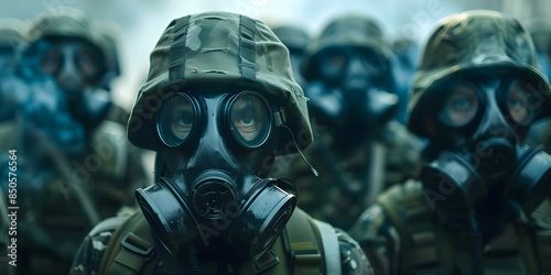 Gas masks in military formation for combat readiness against chemical weapons. Concept Military Tactics, Chemical Warfare, Combat Preparedness