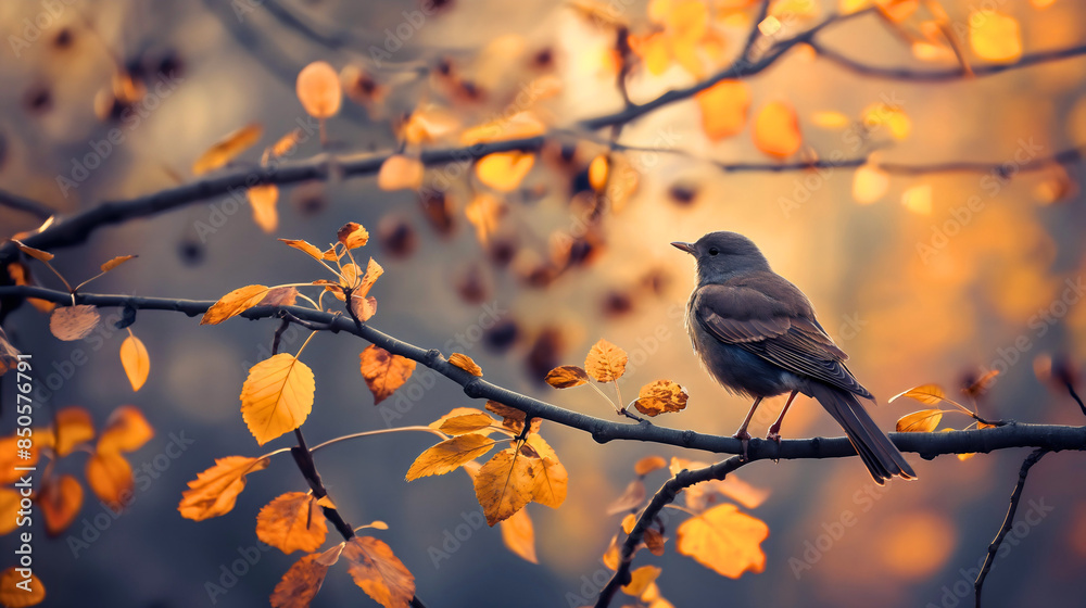 Obraz premium Bird on a autumn or fall forest tree with orange yellow leaves branch. Outdoor garden nature wildlife