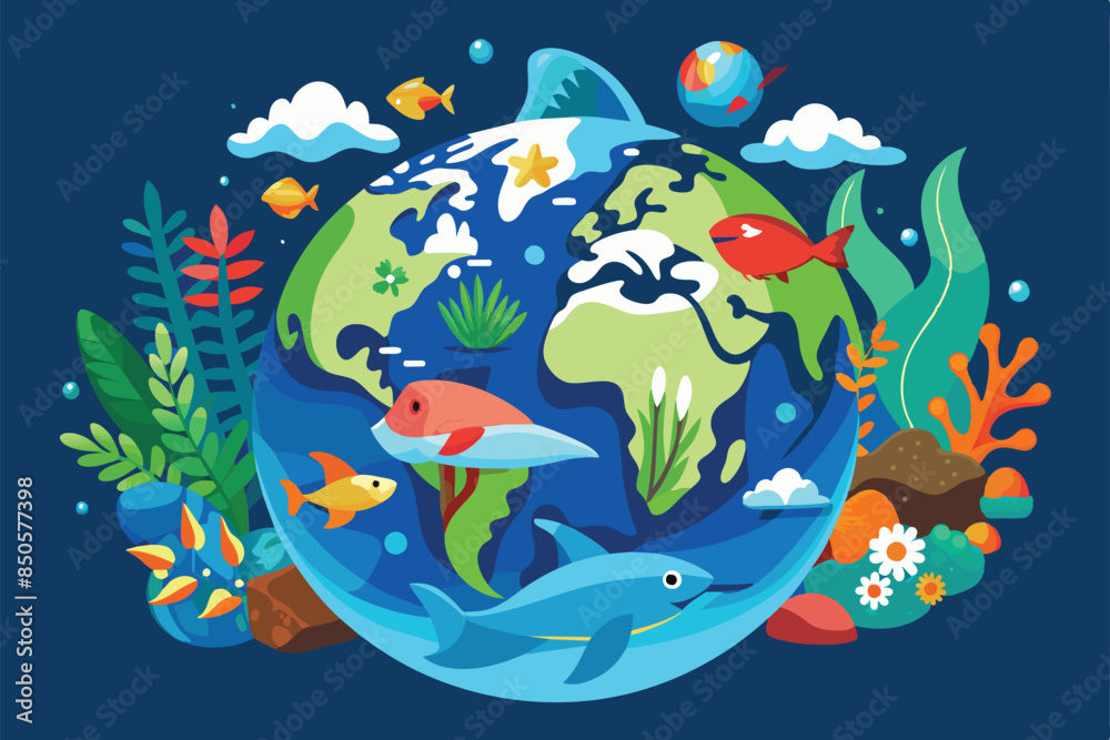 Obraz premium Flat illustration celebrating World Ocean Day with a globe surrounded by fish, aquatic plants, and clouds, World oceans day Customizable Flat Illustration