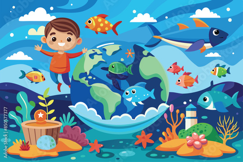A cartoon boy celebrates World Oceans Day by holding a globe surrounded by colorful fish, World oceans day Customizable Cartoon Illustration