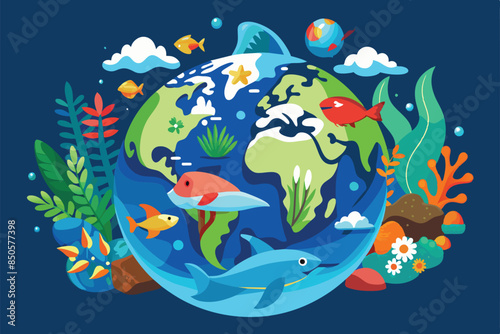 Flat illustration celebrating World Ocean Day with a globe surrounded by fish, aquatic plants, and clouds, World oceans day Customizable Flat Illustration