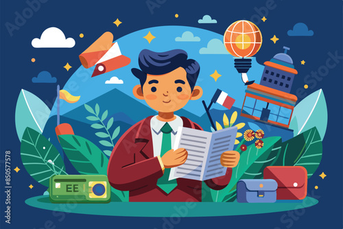 A cartoon illustration depicts a man reading a newspaper in a landscape setting, celebrating World Press Freedom Day, World press freedom day Customizable Cartoon Illustration