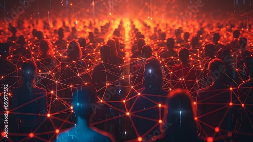 Dramatic depiction of a crowd of silhouettes connected by glowing network lines, implying social or organizational structure photo