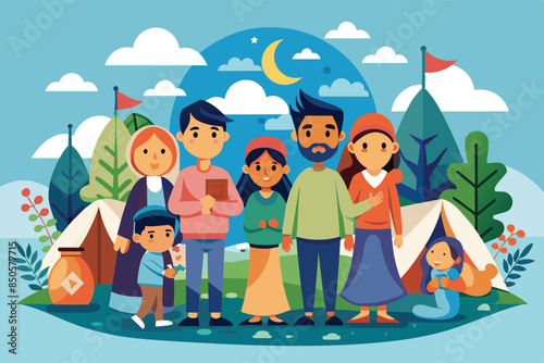 A family of refugees camps outdoors with tents, trees, and a crescent moon in the sky, World refugee day Customizable Flat Illustration