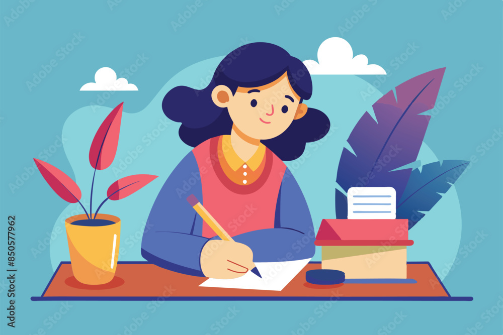 A cartoon illustration of a woman sitting at a desk with a potted plant, writing a letter, Writing a letter Customizable Cartoon Illustration A cartoon illustration of a woman sitting at a desk with a potted plant, writing a letter, Writing a letter Customizable Cartoon Illustration