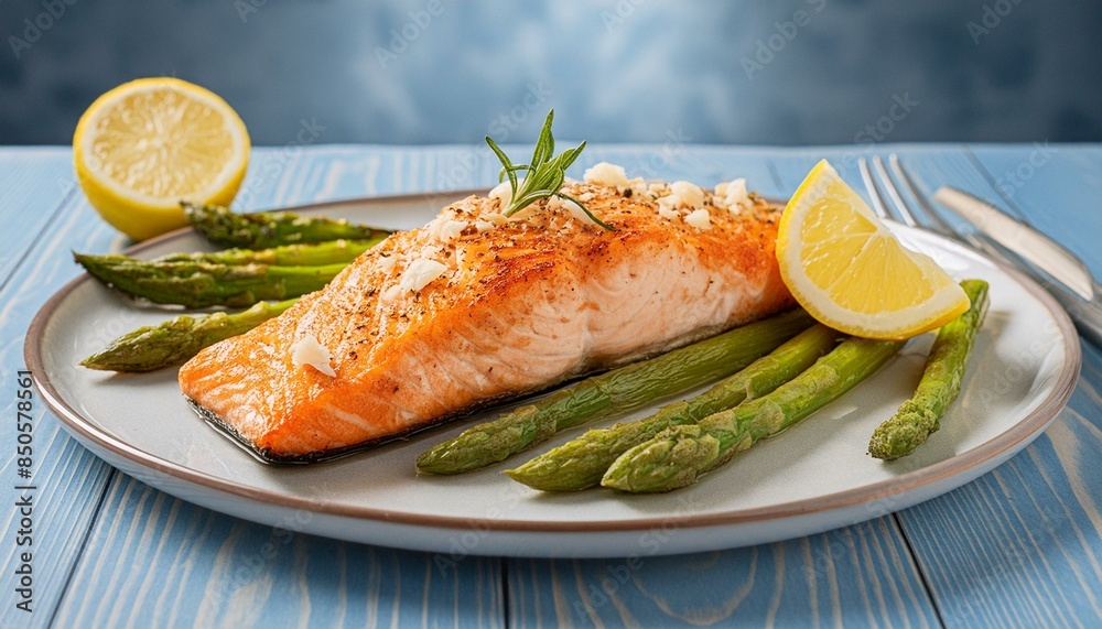 A perfectly grilled salmon fillet with crispy skin, served with a wedge of lemon and a side A perfectly grilled salmon fillet with crispy skin, served with a wedge of lemon and a side