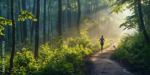 Fototapeta Naklejka Na Ścianę i Meble -  A woman jogging on a forest trail with sunlight filtering through the trees

