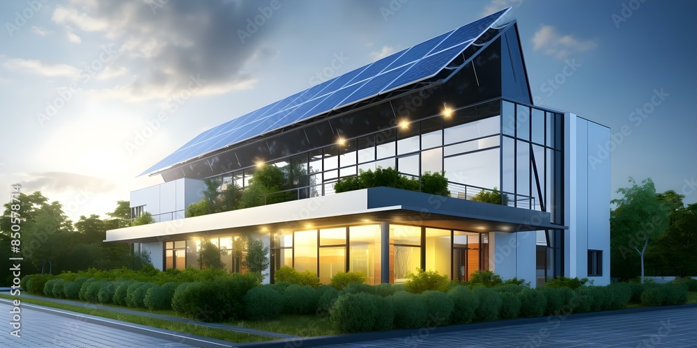 Innovative Architecture Modern Building Featuring Solar Panels and Sustainable Design. Concept Architecture, Modern Buildings, Solar Panels, Sustainable Design