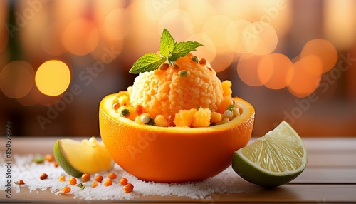 An orange sorbet served in a hollowed-out orange, garnished with slices of lemon and lime, The sorbet has a beautiful orange color, the perfect complement to its citrusy garnish. I think this would  photo