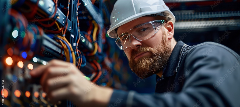Determined electrician in safety gear working on electrical panel under dramatic lighting Determined electrician in safety gear working on electrical panel under dramatic lighting