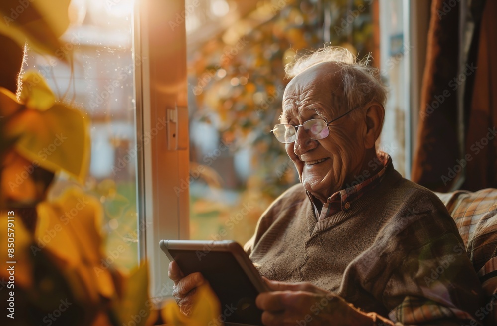 Obraz premium Elderly man smiling while using a tablet at home 