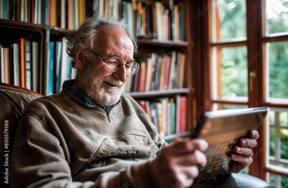 Elderly man smiling while using a tablet at home Elderly man smiling while using a tablet at home
