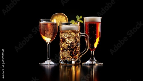 glass of wine, crystal mug of beer, glass of champagne, drink cup of capirinha and cup of juice, overlay glasses, assimetric composition, black background