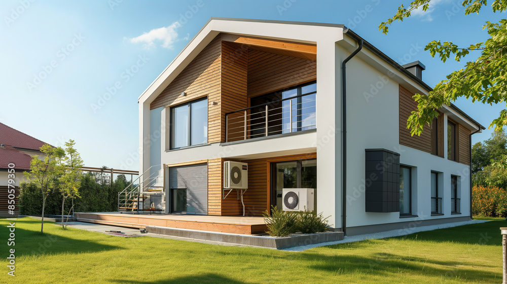 Clean and minimalist exterior of a new home with an air source heat pump installation, highlighting sustainable living Clean and minimalist exterior of a new home with an air source heat pump installation, highlighting sustainable living