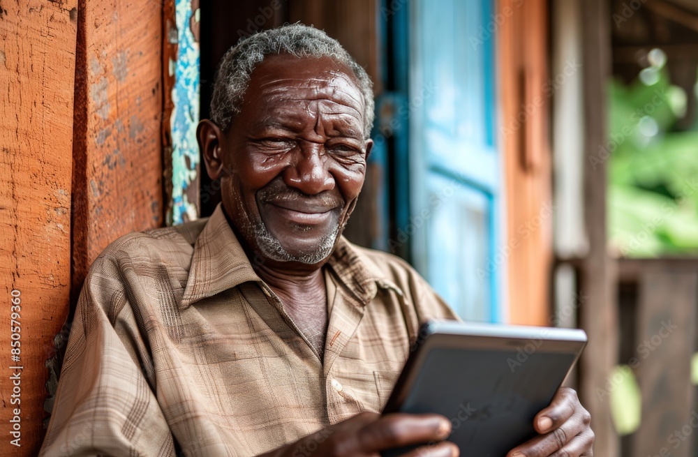 Elderly man smiling while using a tablet at home 