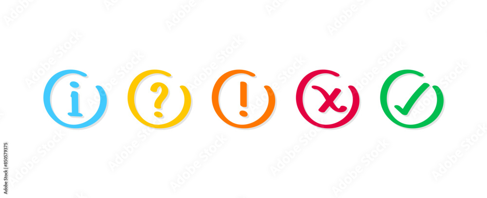 Doodle Icon set of check mark, cross, question mark, exclamation point, information icon. Tick, question, information and answers mark Doodle Icon set of check mark, cross, question mark, exclamation point, information icon. Tick, question, information and answers mark