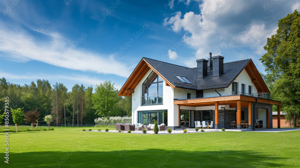 Beautiful landscape view of a new home with an air source heat pump, capturing the essence of modern eco-friendly home designs Beautiful landscape view of a new home with an air source heat pump, capturing the essence of modern eco-friendly home designs