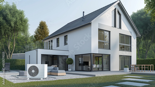 Clean and minimalist exterior of a new home with an air source heat pump installation, highlighting sustainable living