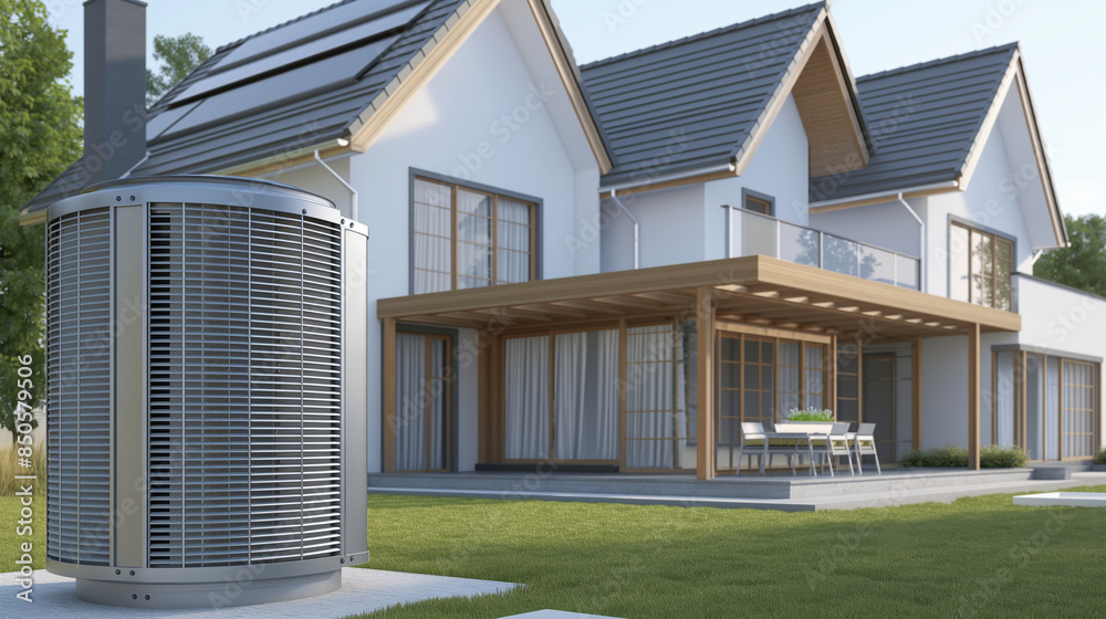 Exterior view of a newly built house with an air source heat pump, showcasing the seamless blend of technology and architecture
