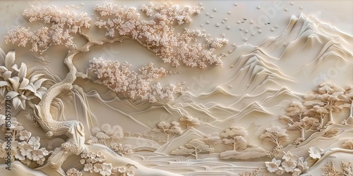 Beautiful sakura tree and mountain 3d relief wallpaper. Mural wallpaper. Wall art. AI generated illustration.