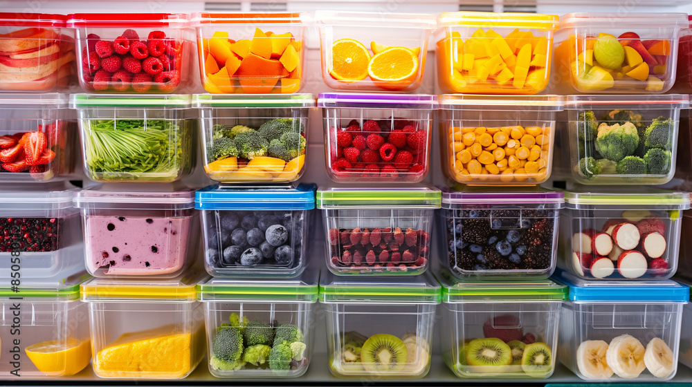 A refrigerator meticulously organized with colorful lunch boxes, each filled with balanced portions of fruits, vegetables, lean proteins, and whole grains