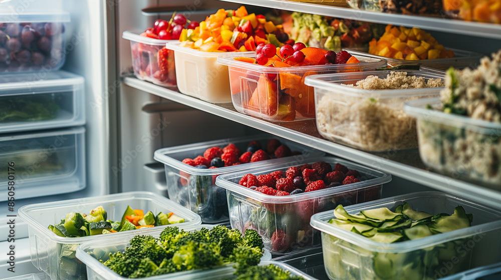 Interior of a fridge showcasing neatly stacked lunch boxes, each compartment brimming with vibrant salads, fresh berries, and quinoa bowls Interior of a fridge showcasing neatly stacked lunch boxes, each compartment brimming with vibrant salads, fresh berries, and quinoa bowls