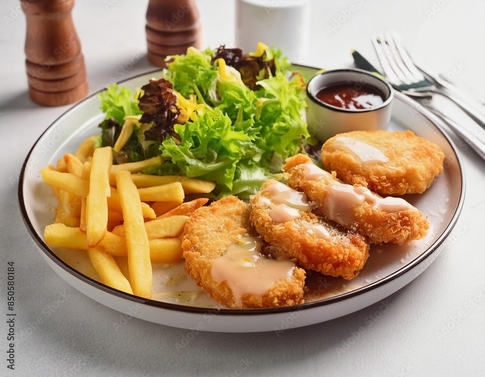 chicken cordon bleu and chip with Salad and steak sauce, slash, balsamic vinegar in steak chicken cordon bleu and chip with Salad and steak sauce, slash, balsamic vinegar in steak