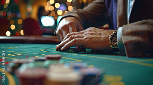 A close-up shot of a gamblers hand placing a bet on a roulette table. The players wrist is adorned with a gold watch, reflecting the glittering lights of the casino