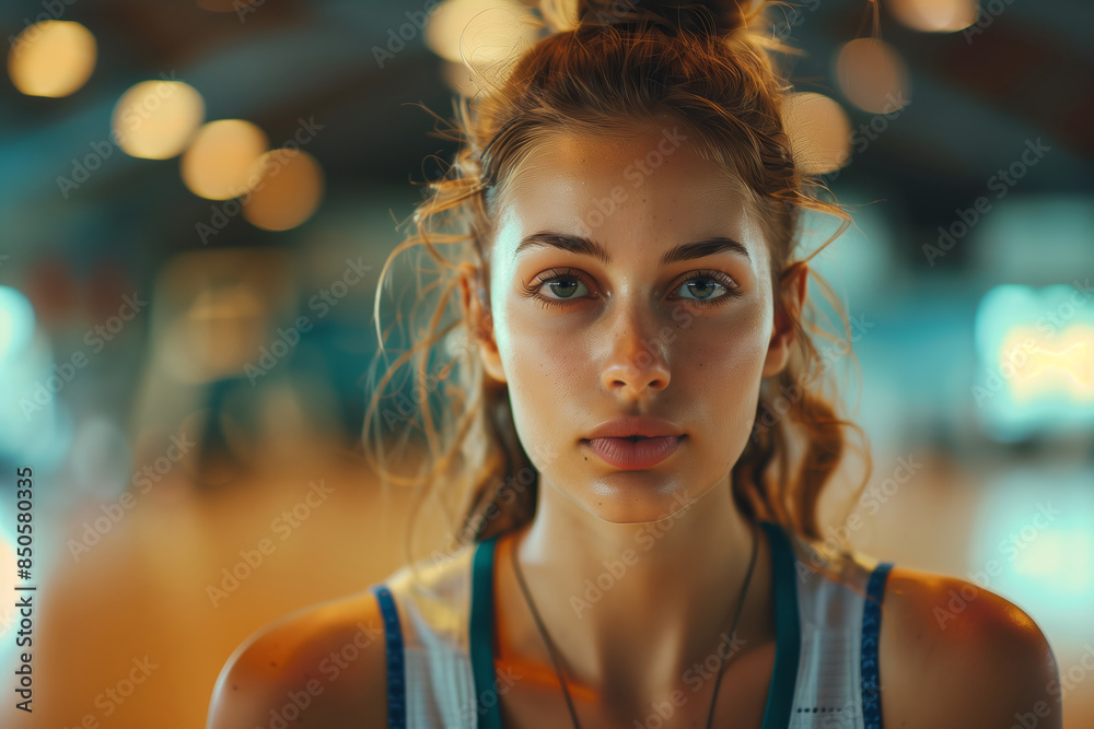 Young woman with blonde hair in a white tank top looking directly at the camera indoors Young woman with blonde hair in a white tank top looking directly at the camera indoors