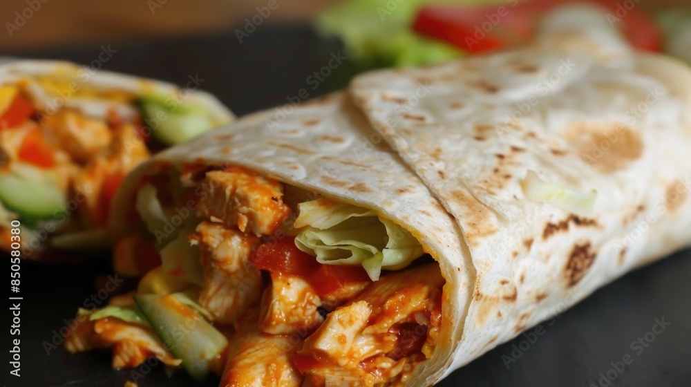 Nutritious midday Mexican wrap with spicy chicken and veggies Nutritious midday Mexican wrap with spicy chicken and veggies
