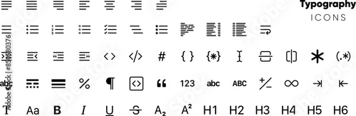 Typography icon set essentials Contains Paragraph line align indent heading font type asterisk suitable for website UI subscript superscript bold italics underline type for graphic design software web