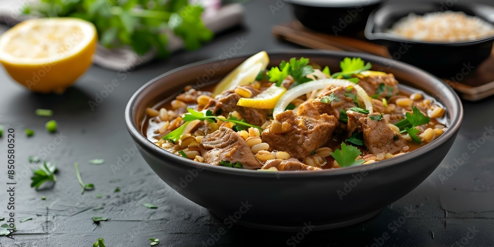 Slowcooked Haleem stew with barley wheat tender meat fried onions and lemon Ramadan favorite. Concept Slowcooked Haleem stew sounds delicious! Do you need a recipe or cooking tips for this traditiona Slowcooked Haleem stew with barley wheat tender meat fried onions and lemon Ramadan favorite. Concept Slowcooked Haleem stew sounds delicious! Do you need a recipe or cooking tips for this traditiona