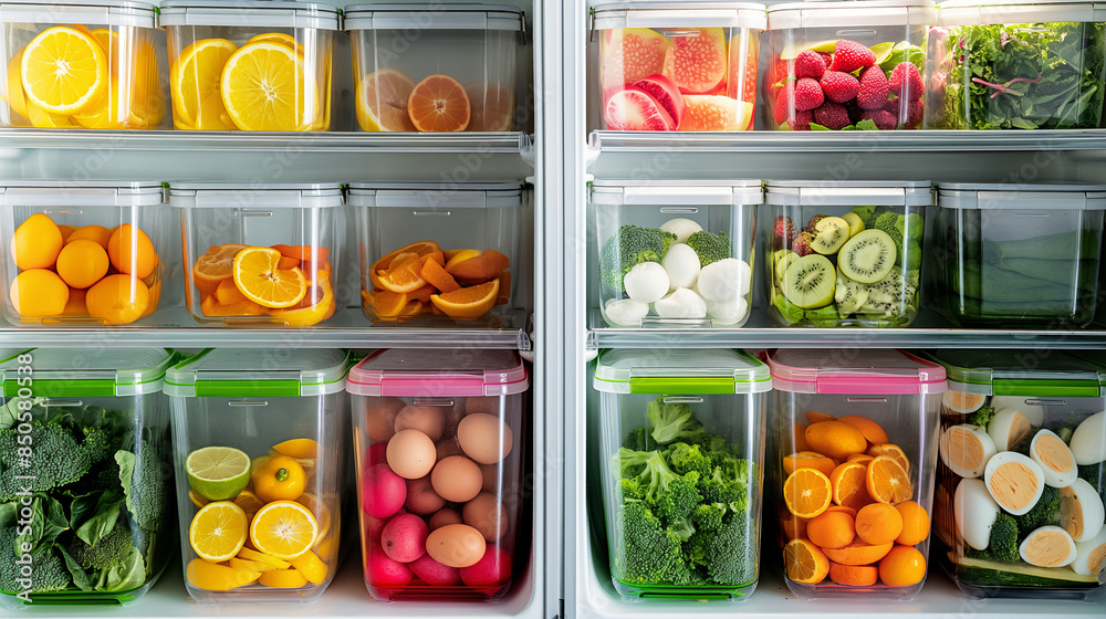 A refrigerator filled with neatly stacked lunch boxes, each containing a variety of healthy foods including mixed greens, boiled eggs, and fresh citrus fruits A refrigerator filled with neatly stacked lunch boxes, each containing a variety of healthy foods including mixed greens, boiled eggs, and fresh citrus fruits