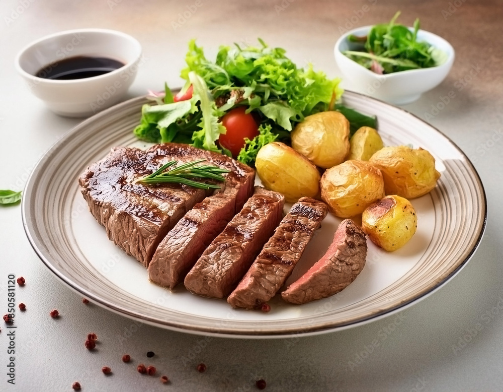 Wagyu steak and roasted potato Salad with steak sauce, slash with medium rare level Wagyu steak and roasted potato Salad with steak sauce, slash with medium rare level