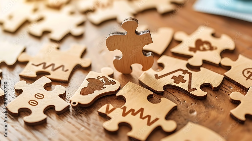 Medical icon on wooden puzzle for global health care with open background Medical icon on wooden puzzle for global health care with open background