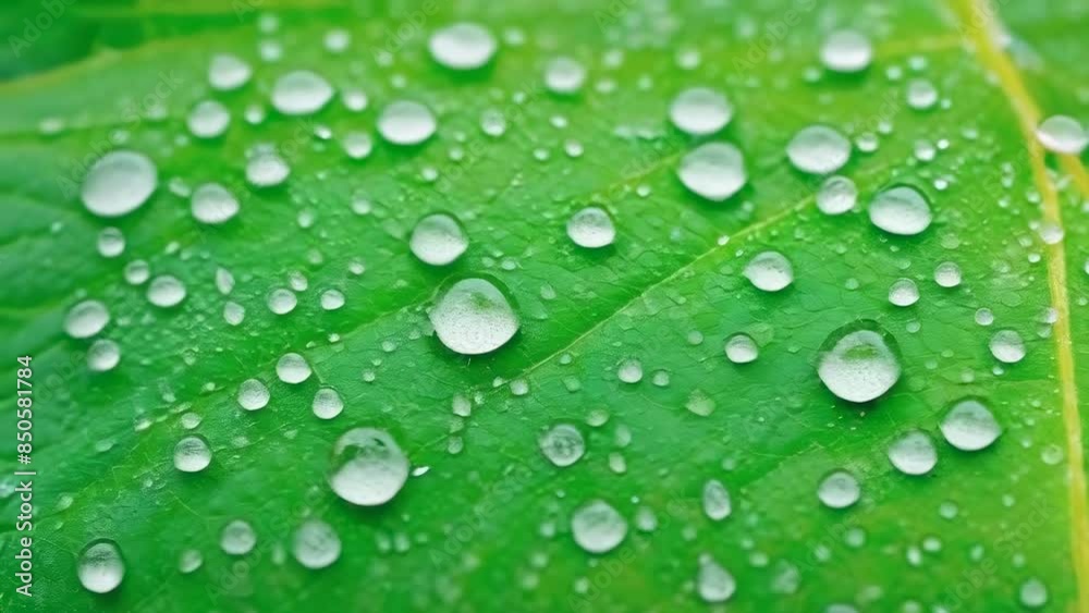 Vivid image of numerous water droplets on a bright green leaf, showcasing the freshness after rainfall. The close-up captures the intricate details and textures, emphasizing nature's beauty. Vivid image of numerous water droplets on a bright green leaf, showcasing the freshness after rainfall. The close-up captures the intricate details and textures, emphasizing nature's beauty.