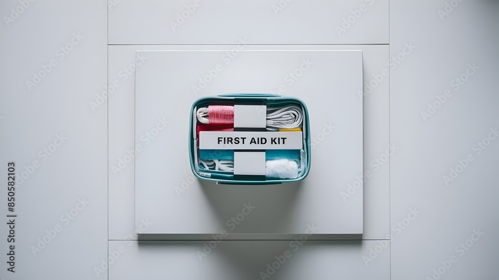 First Aid Essentials Arranged in Flat Lay on White Background First Aid Essentials Arranged in Flat Lay on White Background